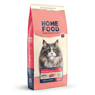 HOME FOOD Сухой корм для выведения шерсти из желудка для стерилизованных/кастрированных взрослых кошек, Индейка и ягоды, НА ВЕС