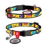 WAUCAT Nylon Нашийник для котів нейлоновий з QR паспортом, малюнок "Мохнаті монстри" XS, Ш 10 мм, Д 20-30 см, пластиковий фастекс