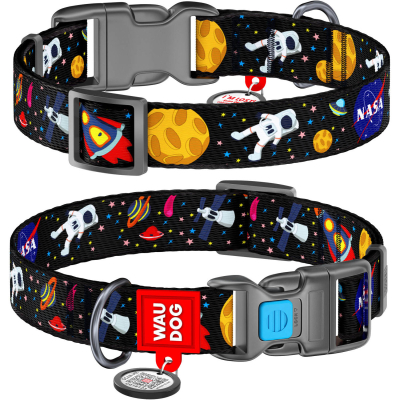 WAUDOG Nylon Нашийник для собак з QR паспортом, малюнок "NASA" S, Ш 15 мм, Д 25-35 см, пластиковий фастекс