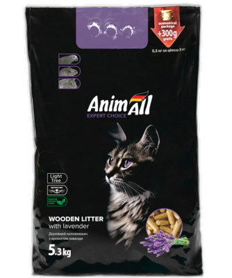 AnimAll Древесный наполнитель с ароматом лаванды для кошек, 5 кг + 300 г в подарок