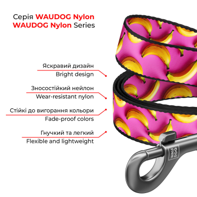 WAUDOG Nylon Повідець для собак нейлоновий малюнок "Банани на рожевому" S, Ш 15 мм, Д 200 см