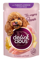 Delickcious Вологий корм для собак, Смужки з індичкою та сиром в крем-супі, 85 г