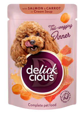 Delickcious Вологий корм для собак, Смужки з лососем та морквою в крем-супі, 85 г