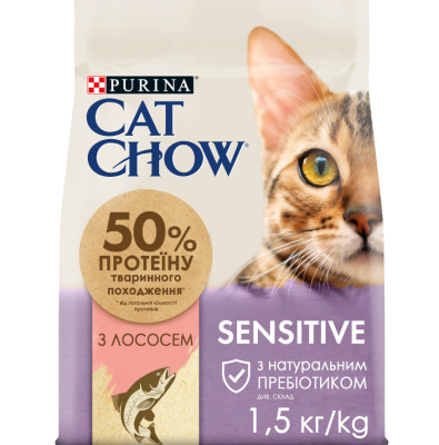 Purina Cat Chow Sensitive Сухий повнораціонний корм для дорослих котів із чутливою шкірою та травленням з лососем 1.5 кг