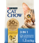 Purina Cat Chow Feline 3-in-1 Сухой полнорационный корм для взрослых кошек с формулой тройного действия, с индейкой 1.5 кг