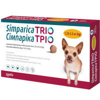 Simparica TRIO жувальні таблетки від глистів, бліх і кліщів для собак вагою 1,25 кг - 2,5 кг