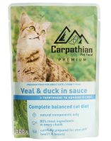 Carpathian Pet food Повнораціонний вологий преміум корм для дорослих котів всіх порід з телятиною та качкою в соусі, 100 г