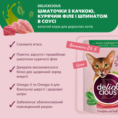 Delickcious Вологий корм для котів, Шматочки з качкою, курячим філе і шпинатом в соусі, 85 г