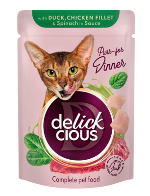 Delickcious Вологий корм для котів, Шматочки з качкою, курячим філе і шпинатом в соусі, 85 г